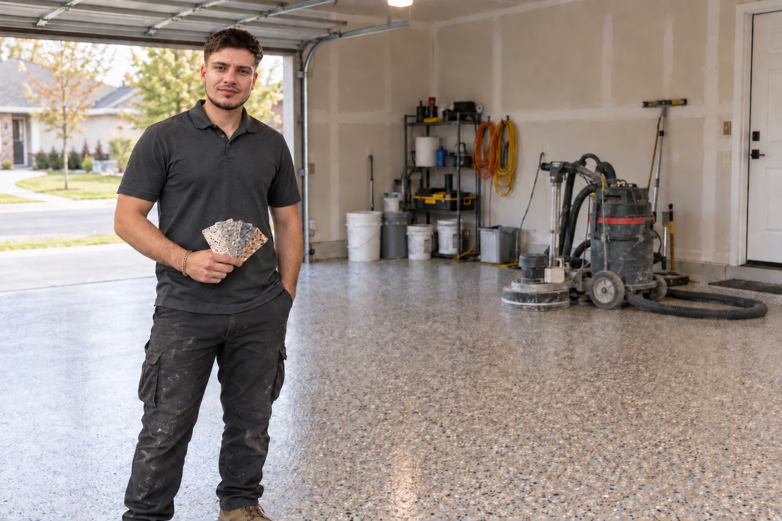 Ahmad Alhaj in a custom garage with a decorative flake floor