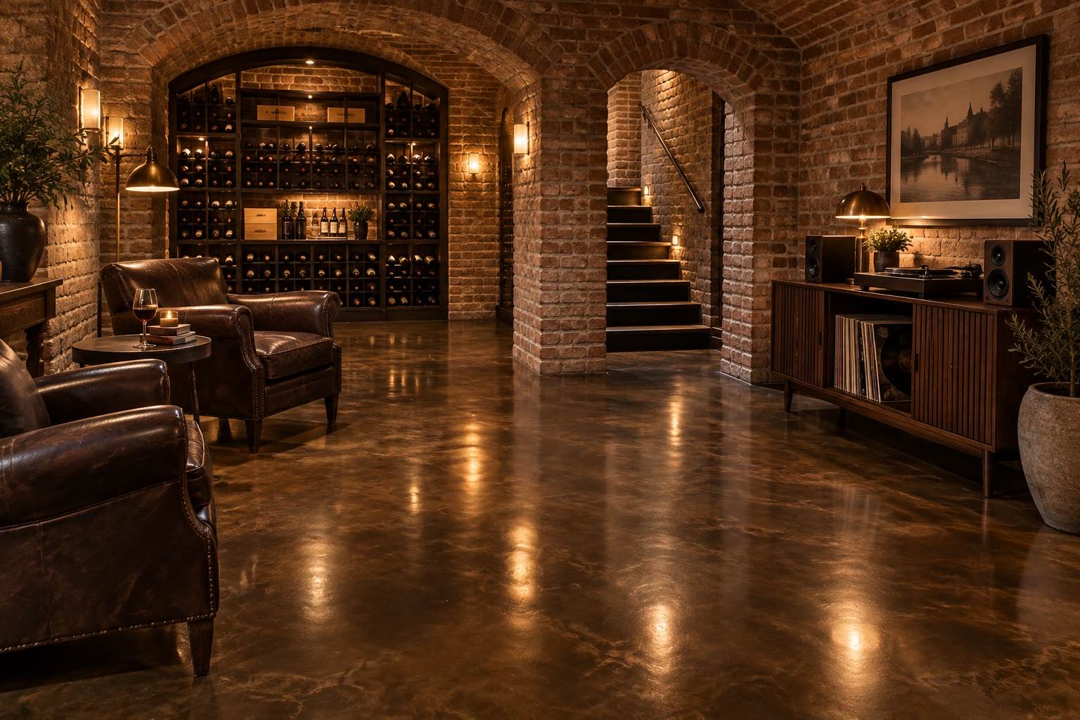 Finished basement room with smoky metallic epoxy