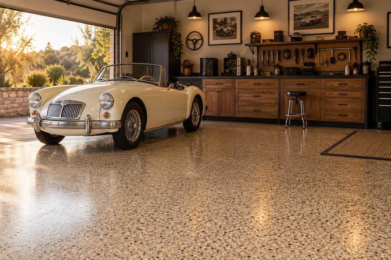Classic garage with a full-flake floor
