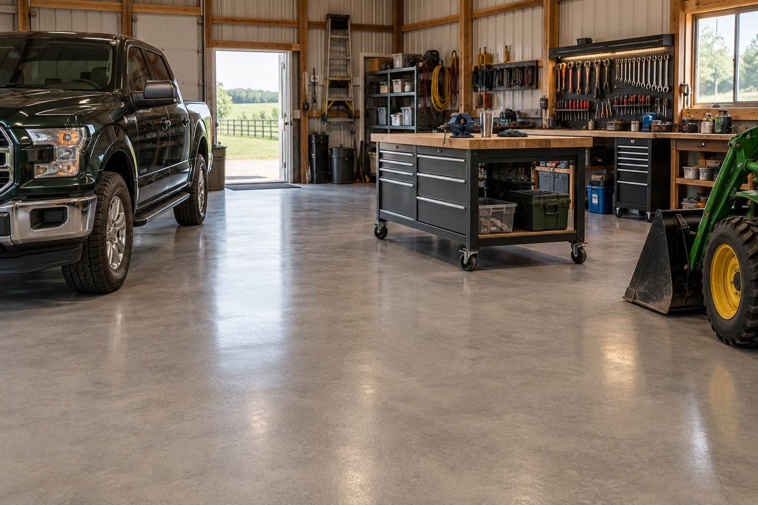 Organized workshop with vehicles and a quartz floor