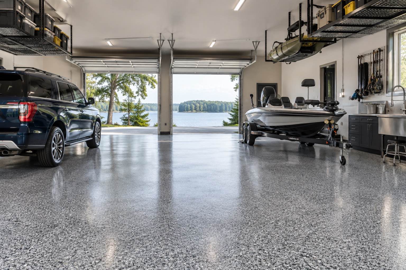 Large multi-use garage with epoxy floor, storage, and lounge