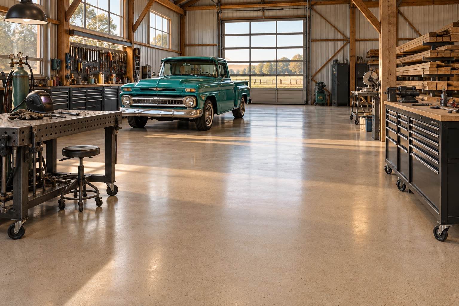 Workshop with classic pickup and light quartz floor