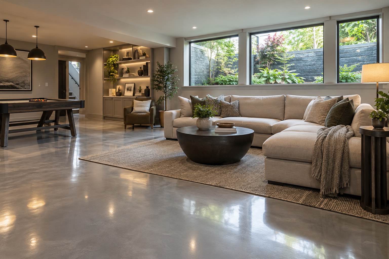 Basement lounge with smoky metallic epoxy