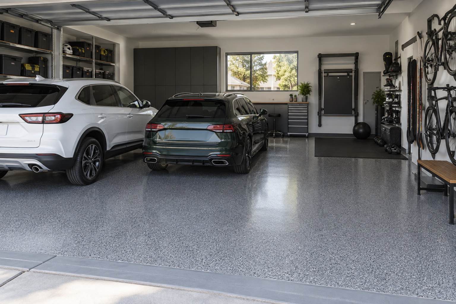 Family garage with cars and a full-flake epoxy floor