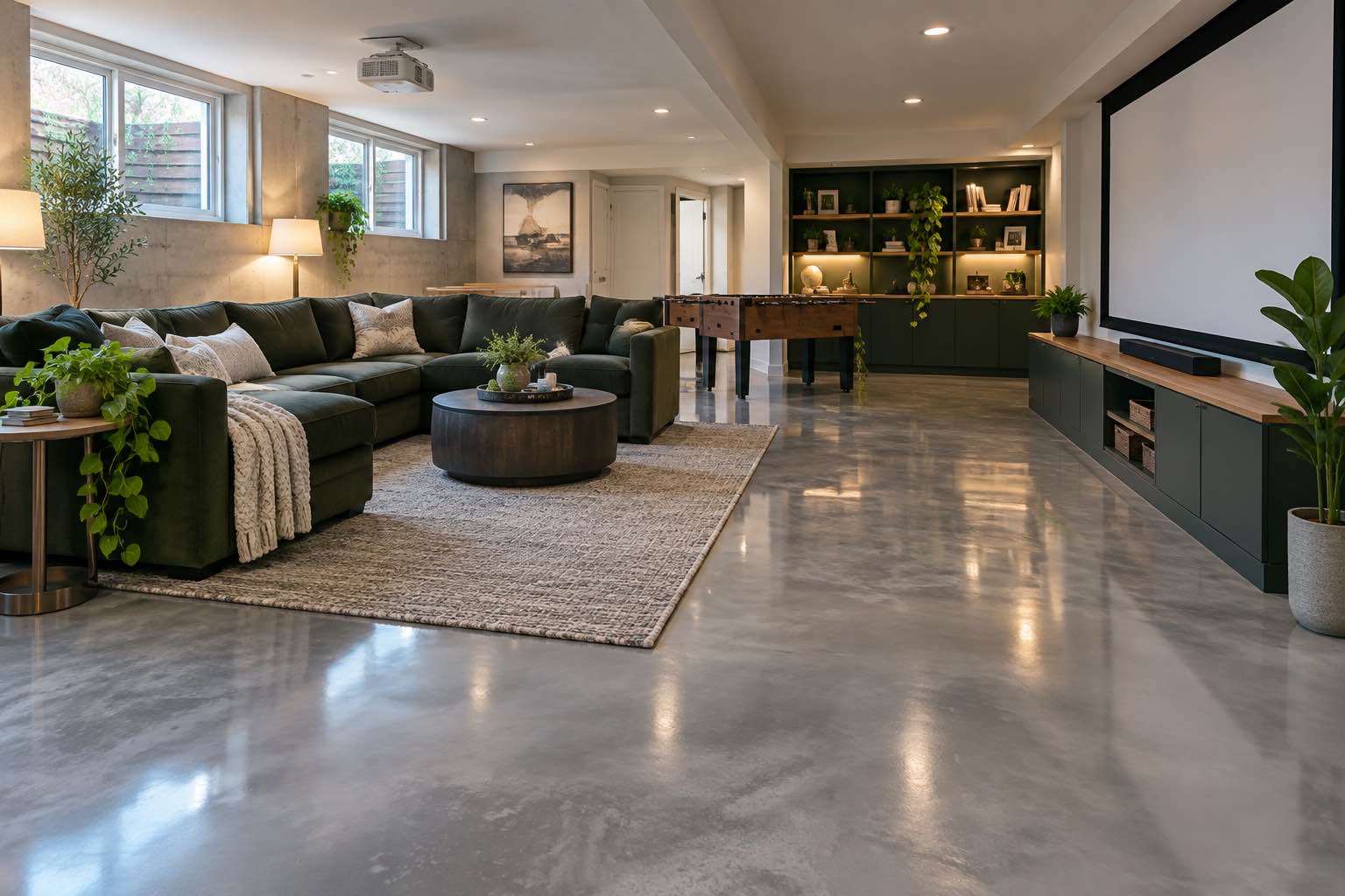 Basement lounge with smoky metallic epoxy
