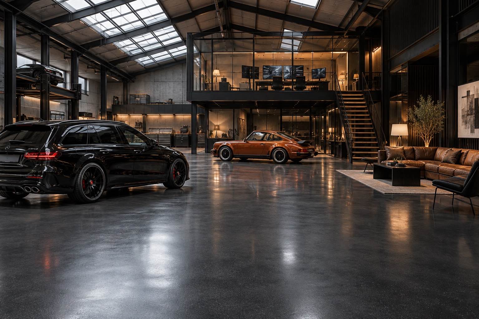 Warehouse with cars, office, lounge, and epoxy floor
