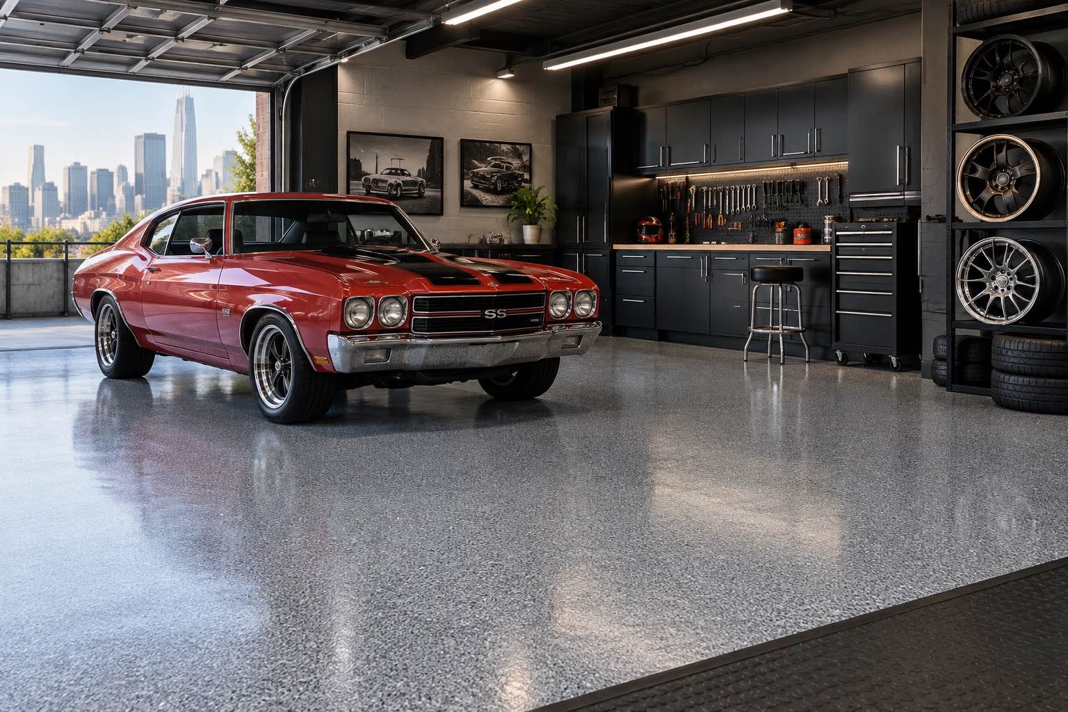 Performance garage with a charcoal decorative epoxy floor