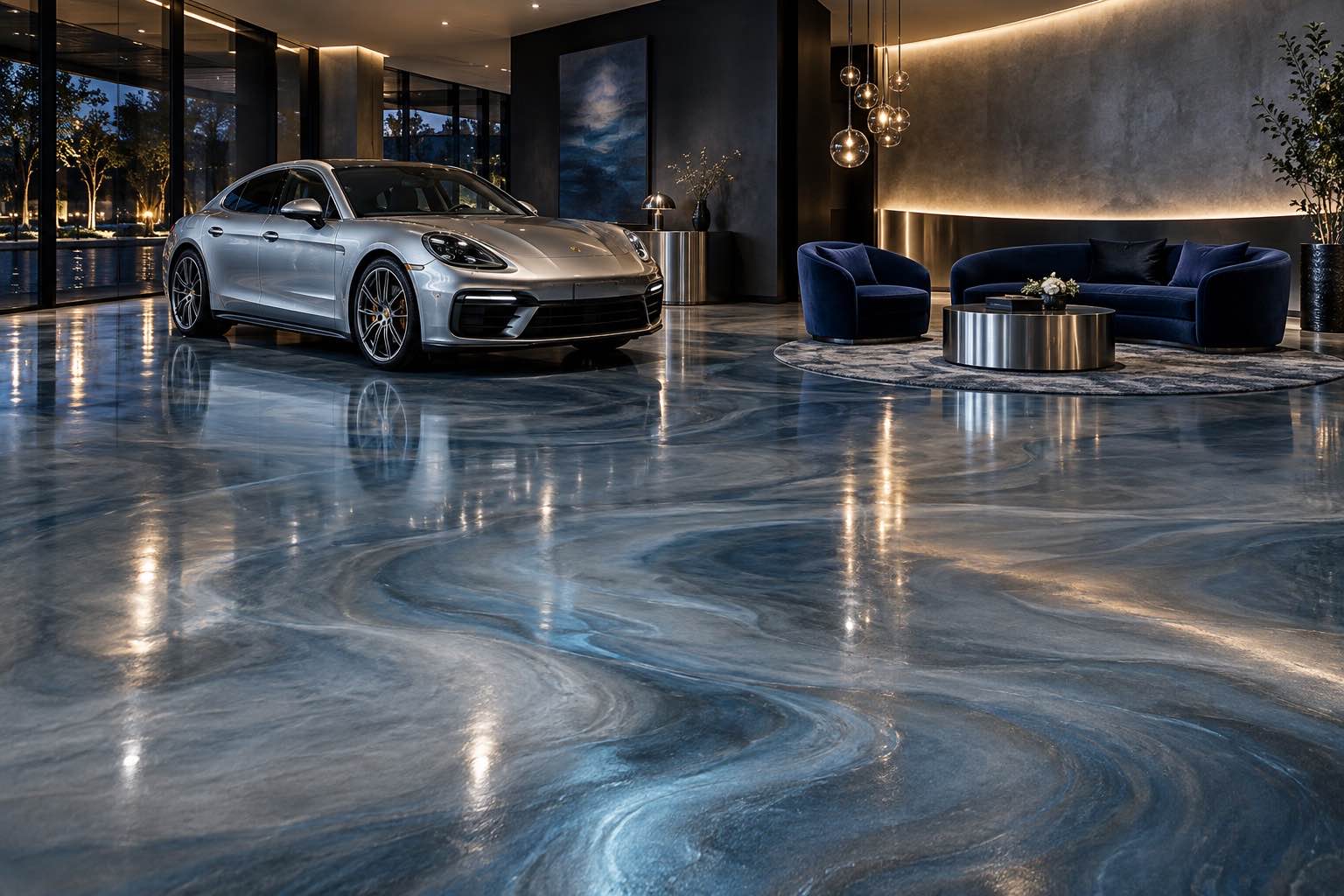 Automotive showroom and lounge with metallic epoxy