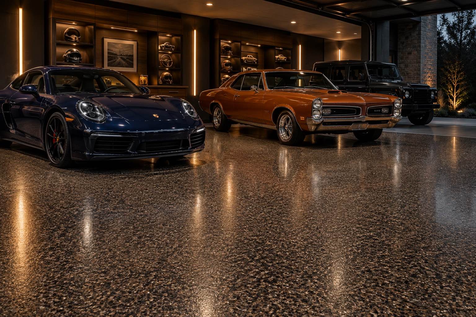 Luxury garage with performance cars and a charcoal full-flake epoxy floor