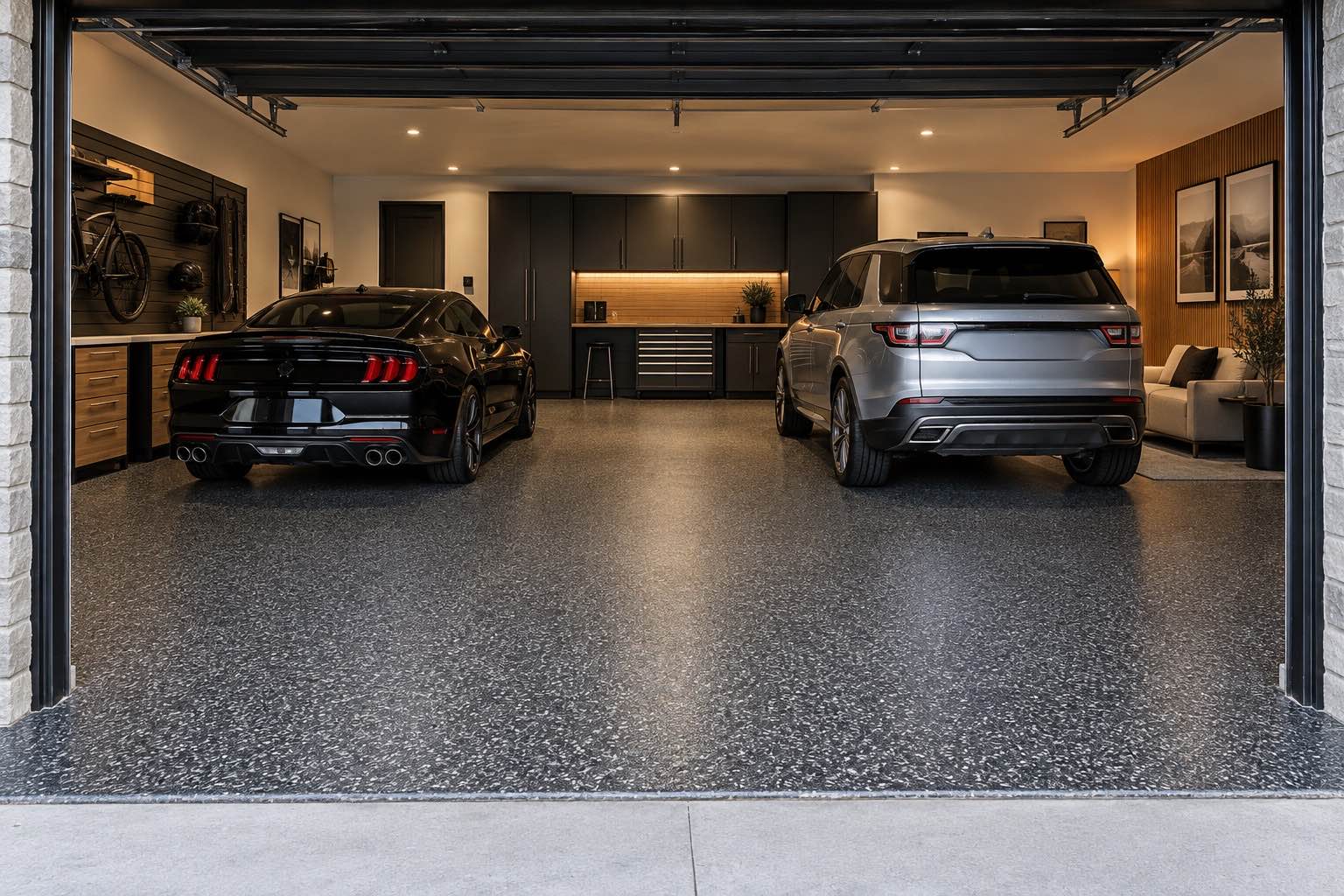 Two-car performance garage with a charcoal decorative epoxy floor, storage, and lounge area