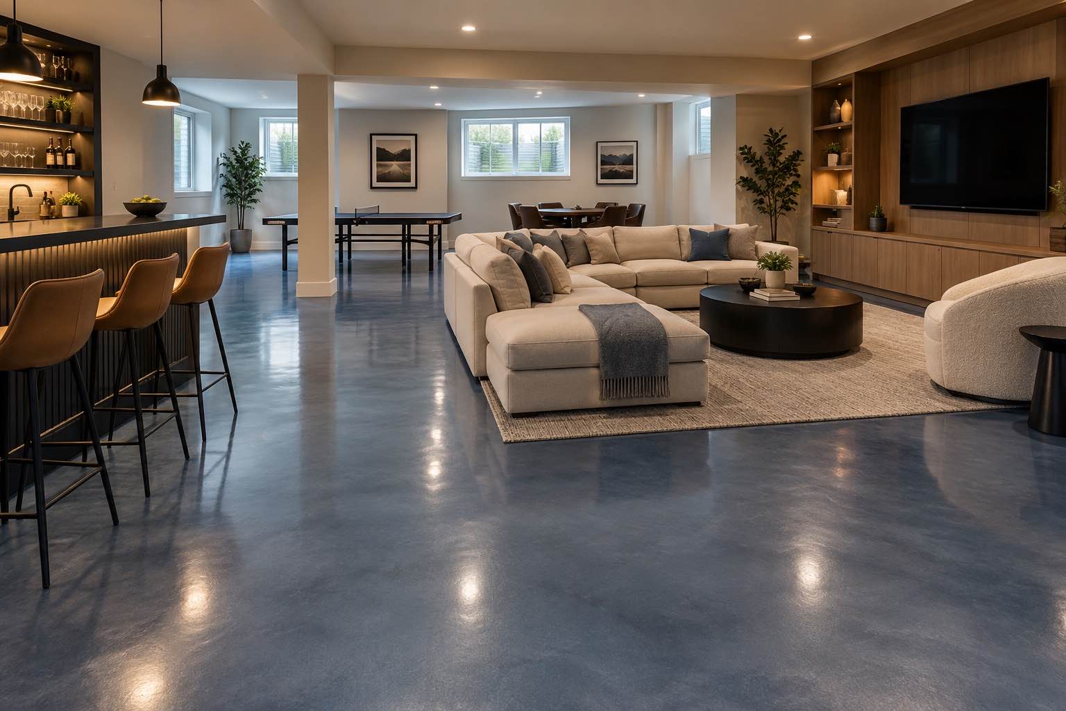 Finished basement lounge with smoky metallic epoxy