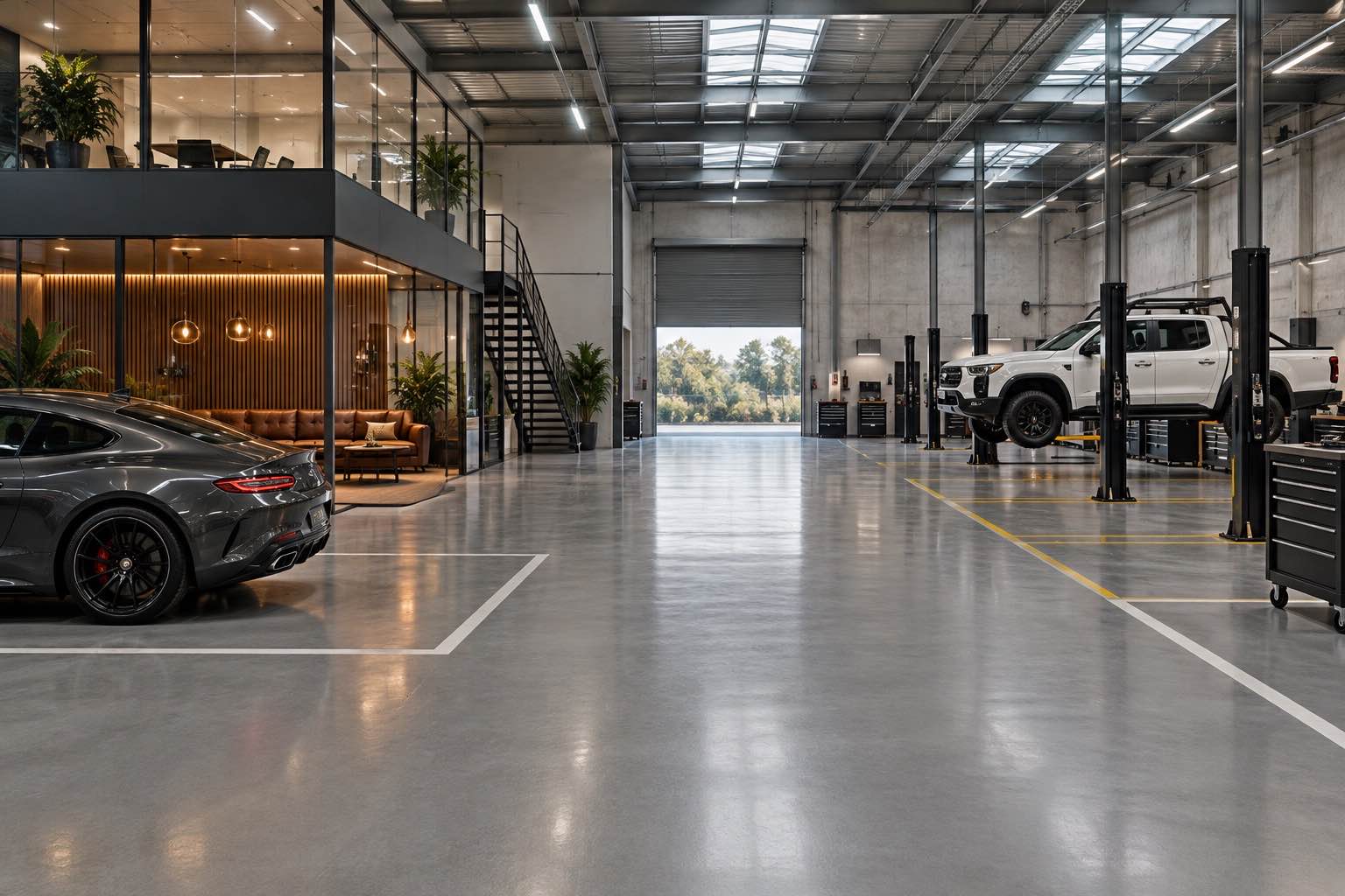 Automotive warehouse with cars, an office, and a customer lounge