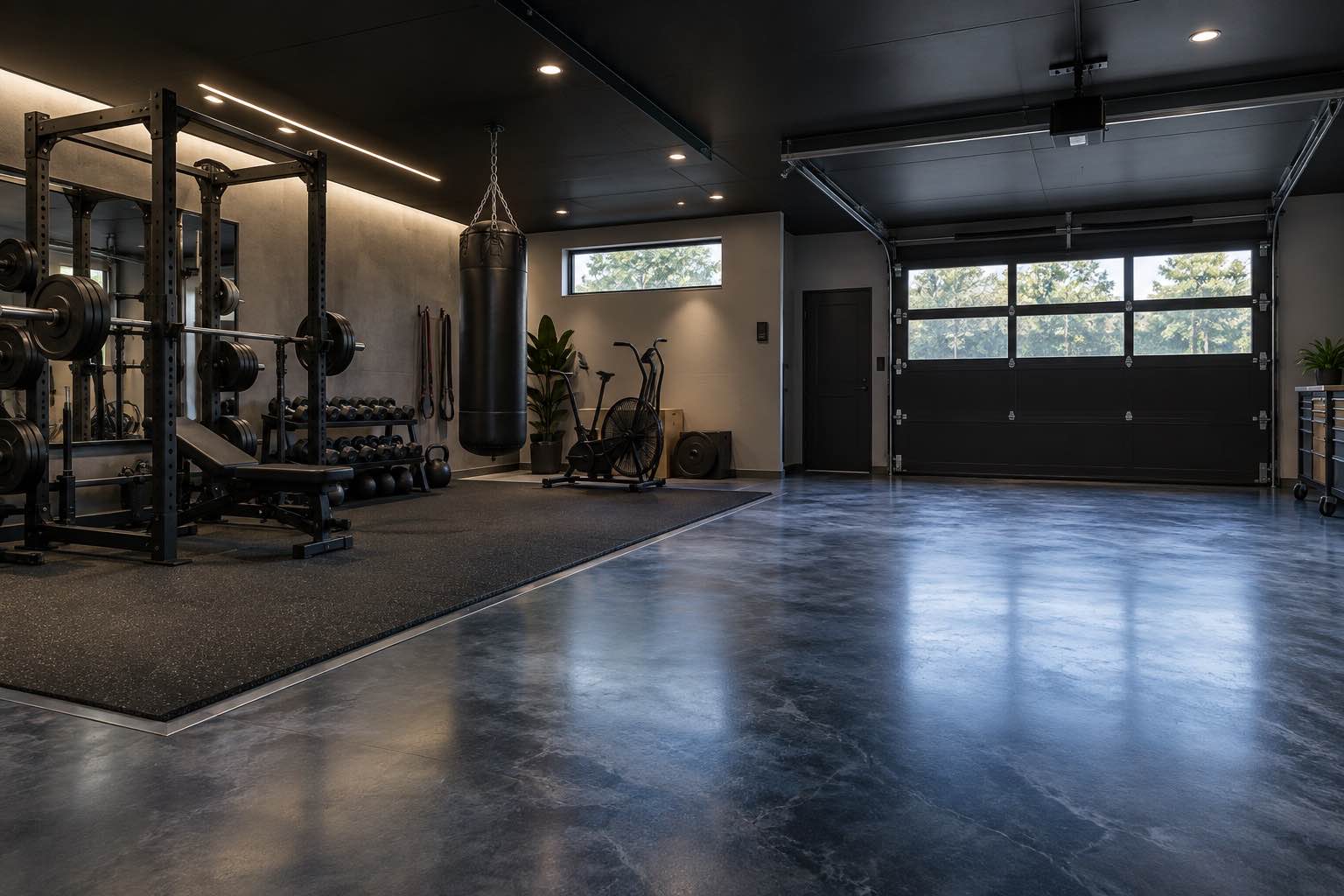Garage gym with strength equipment and a dark decorative epoxy floor