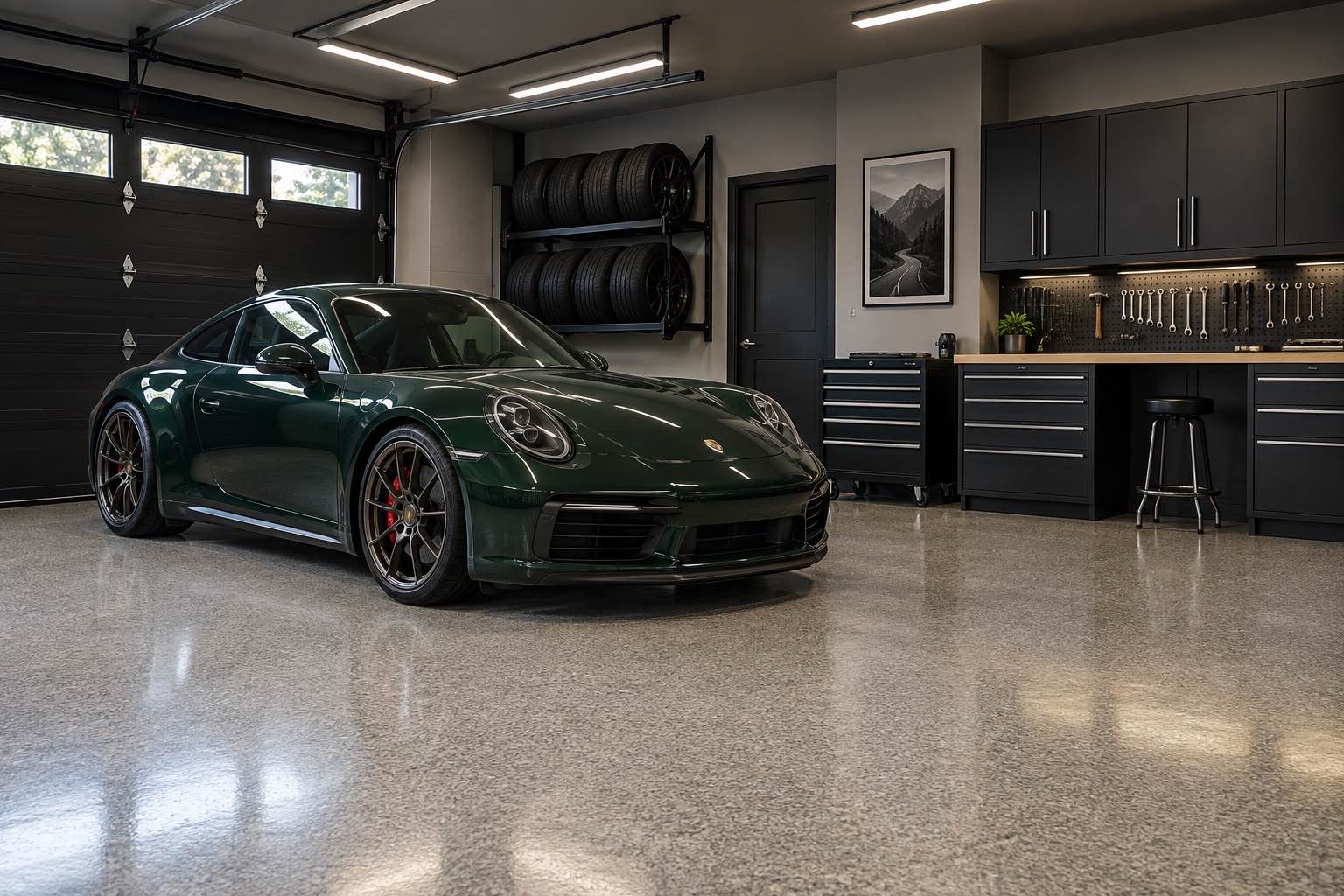 Performance garage with a charcoal decorative epoxy floor