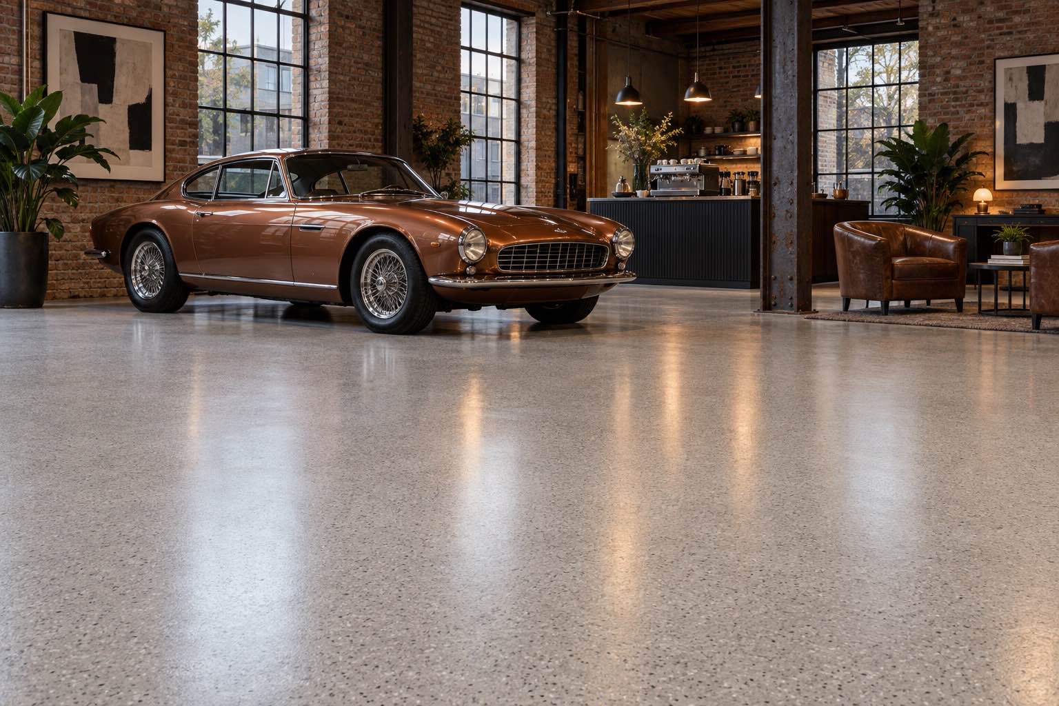 Converted brick warehouse car lounge with a renewed light decorative resin floor