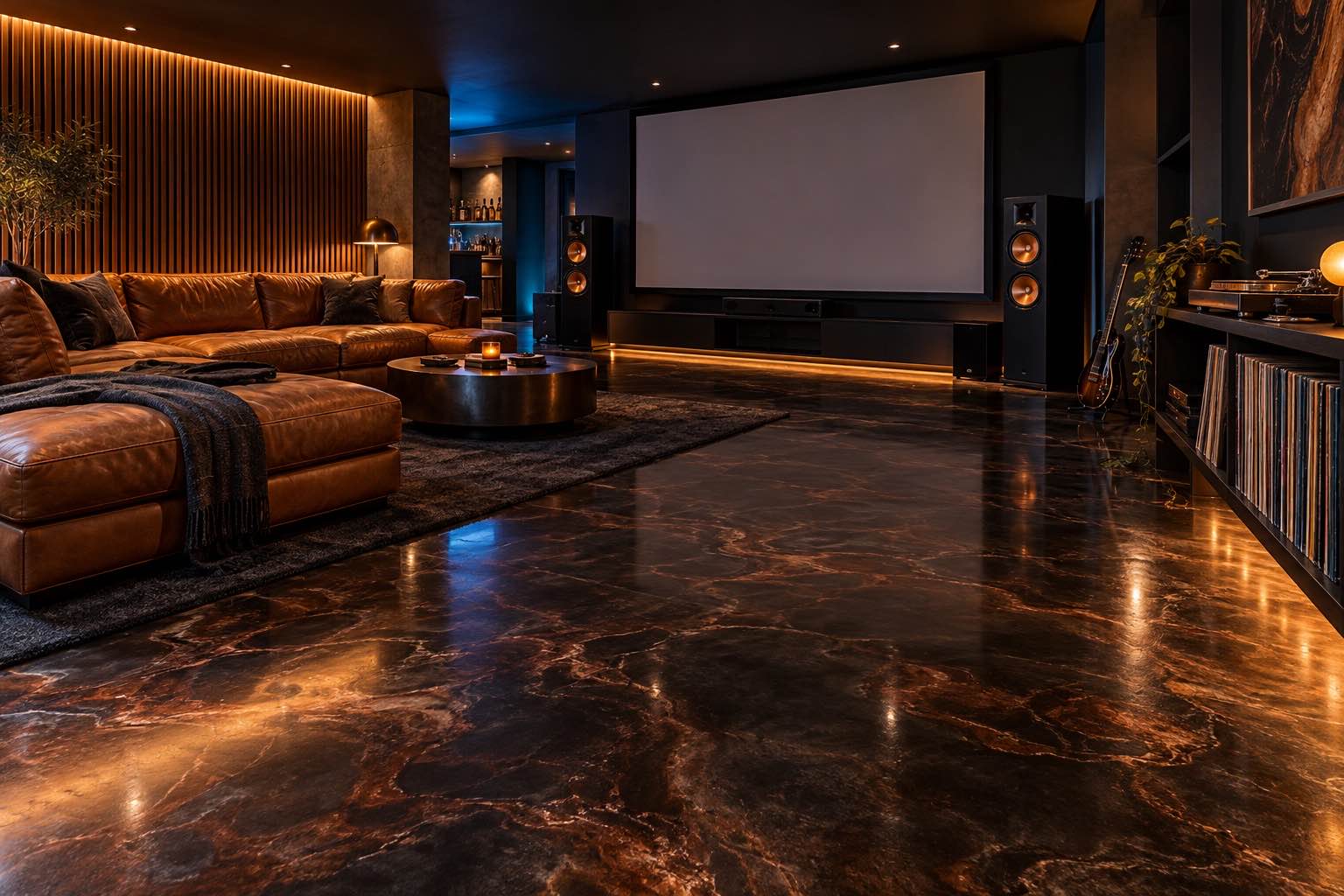 Basement lounge with smoky metallic epoxy