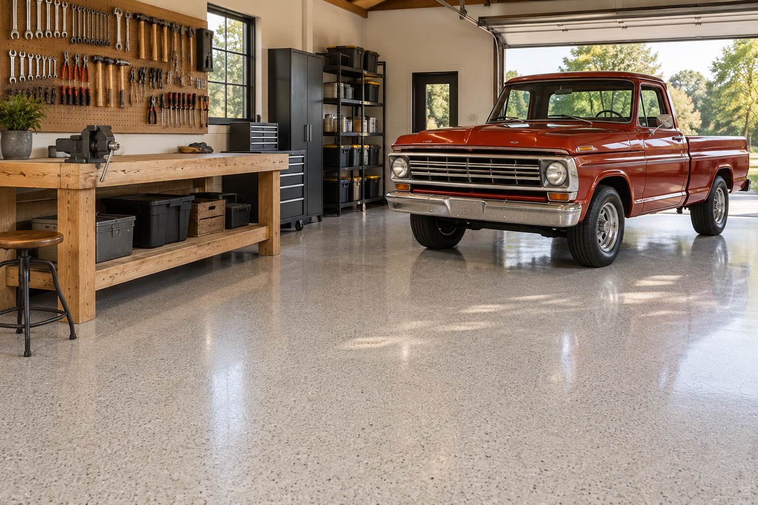 Workshop with a classic pickup and light quartz floor