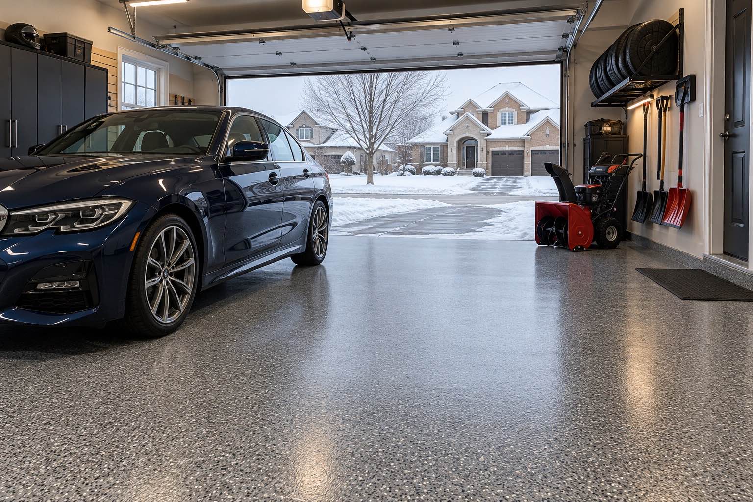 Luxury garage with cars and a decorative epoxy floor