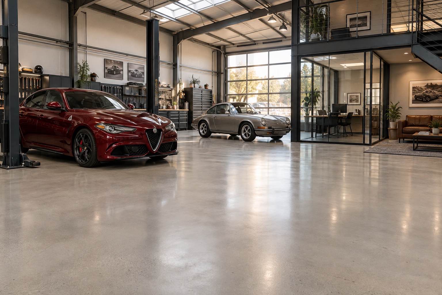 Automotive warehouse with office, lounge, and epoxy floor