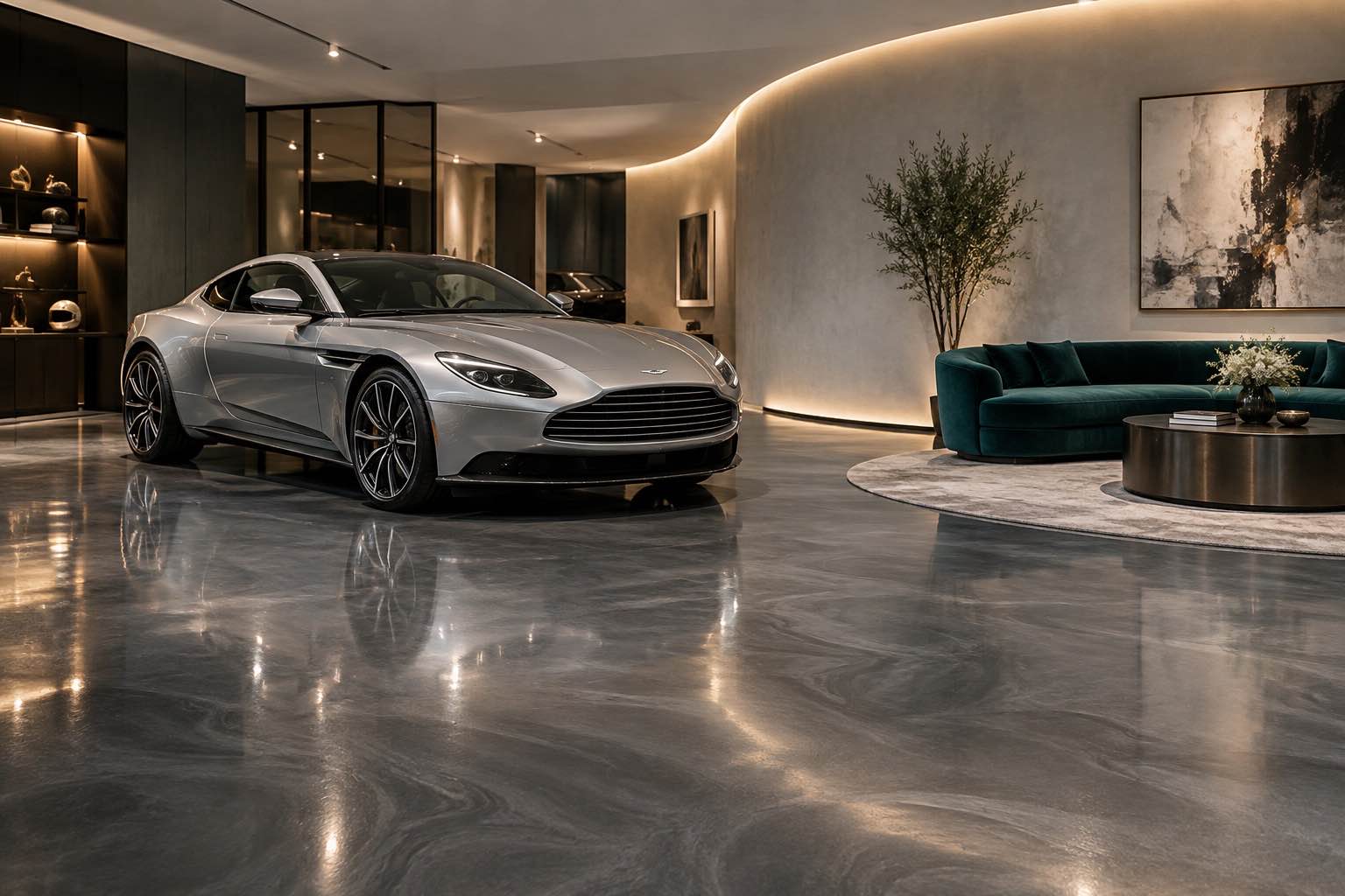 Showroom and lounge with metallic epoxy