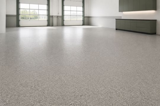 Textured resin floor finish suited to hard-use commercial spaces