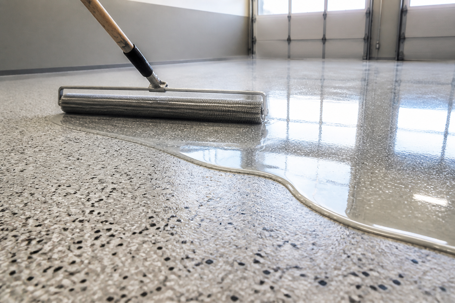 Clear protective topcoat being rolled over a decorative flake floor