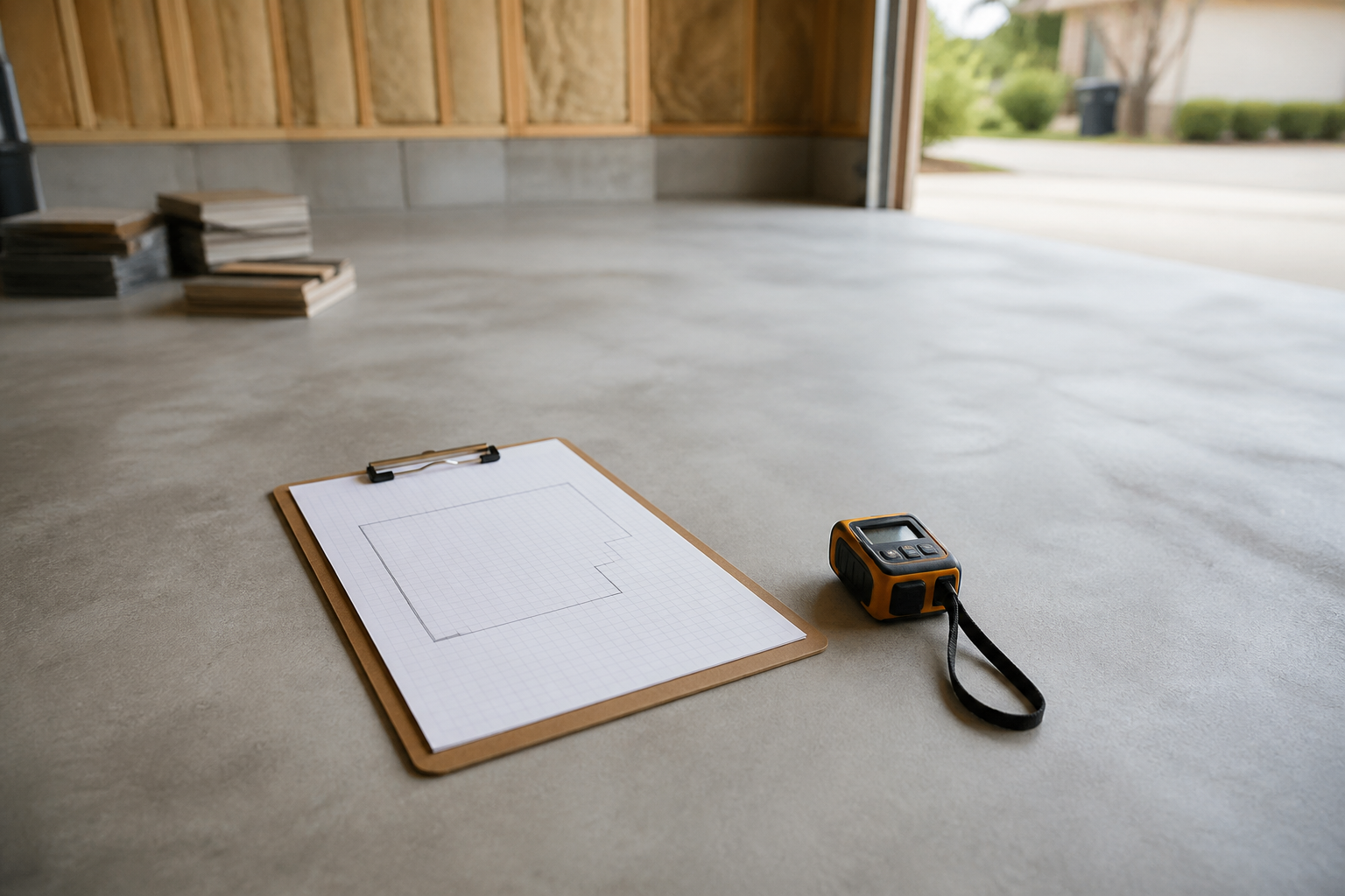 Floor measurement tools on a garage concrete slab