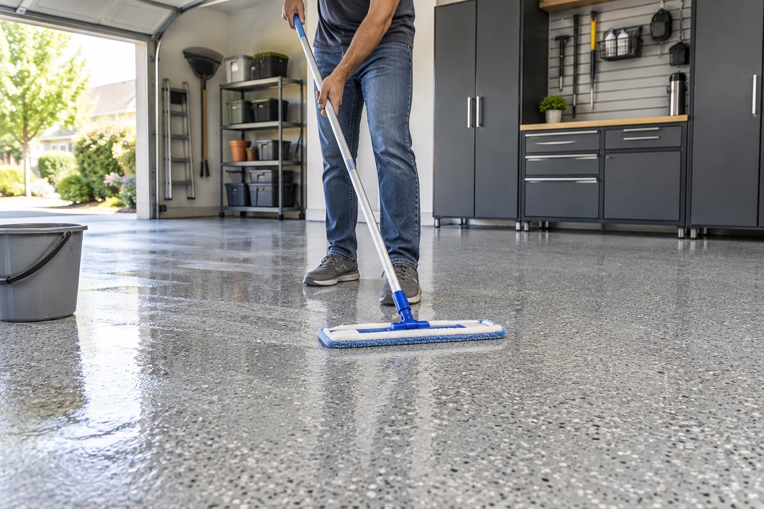 Homeowner cleaning a decorative flake garage floor with a soft microfiber mop