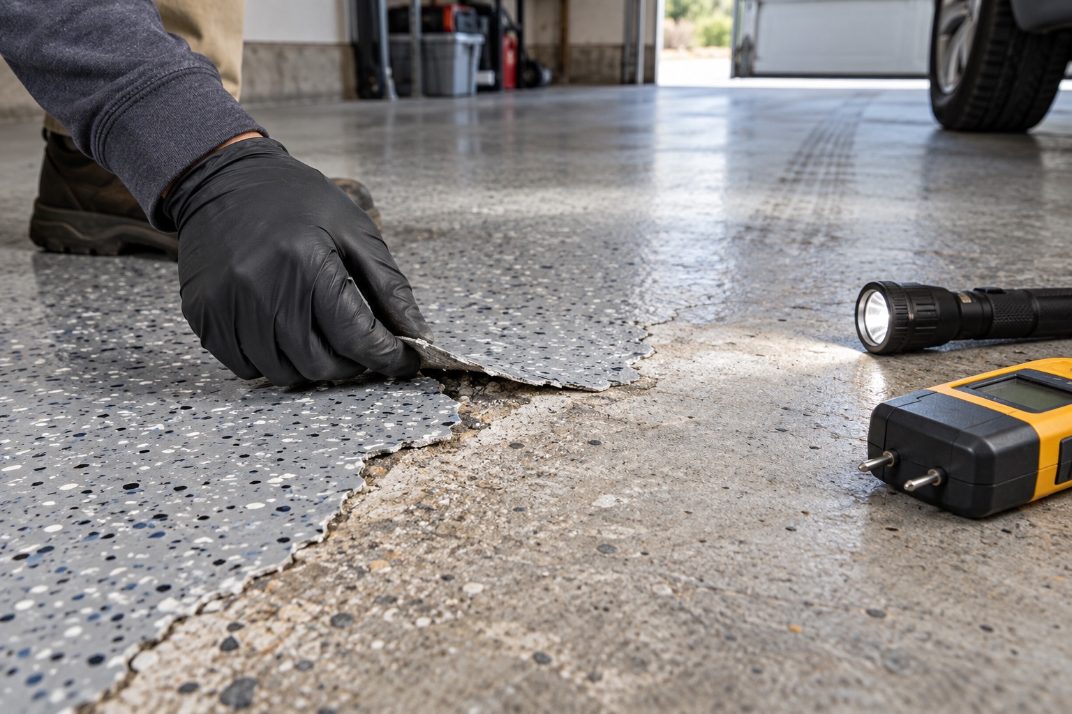 Close inspection of a peeling garage floor coating beside sound concrete