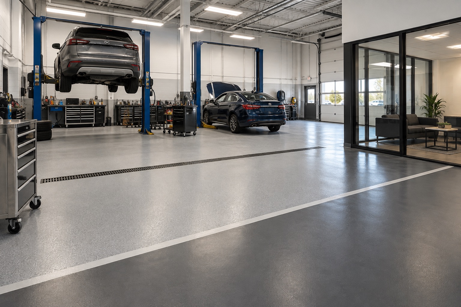Automotive service warehouse with separate work traffic and customer lounge floor zones