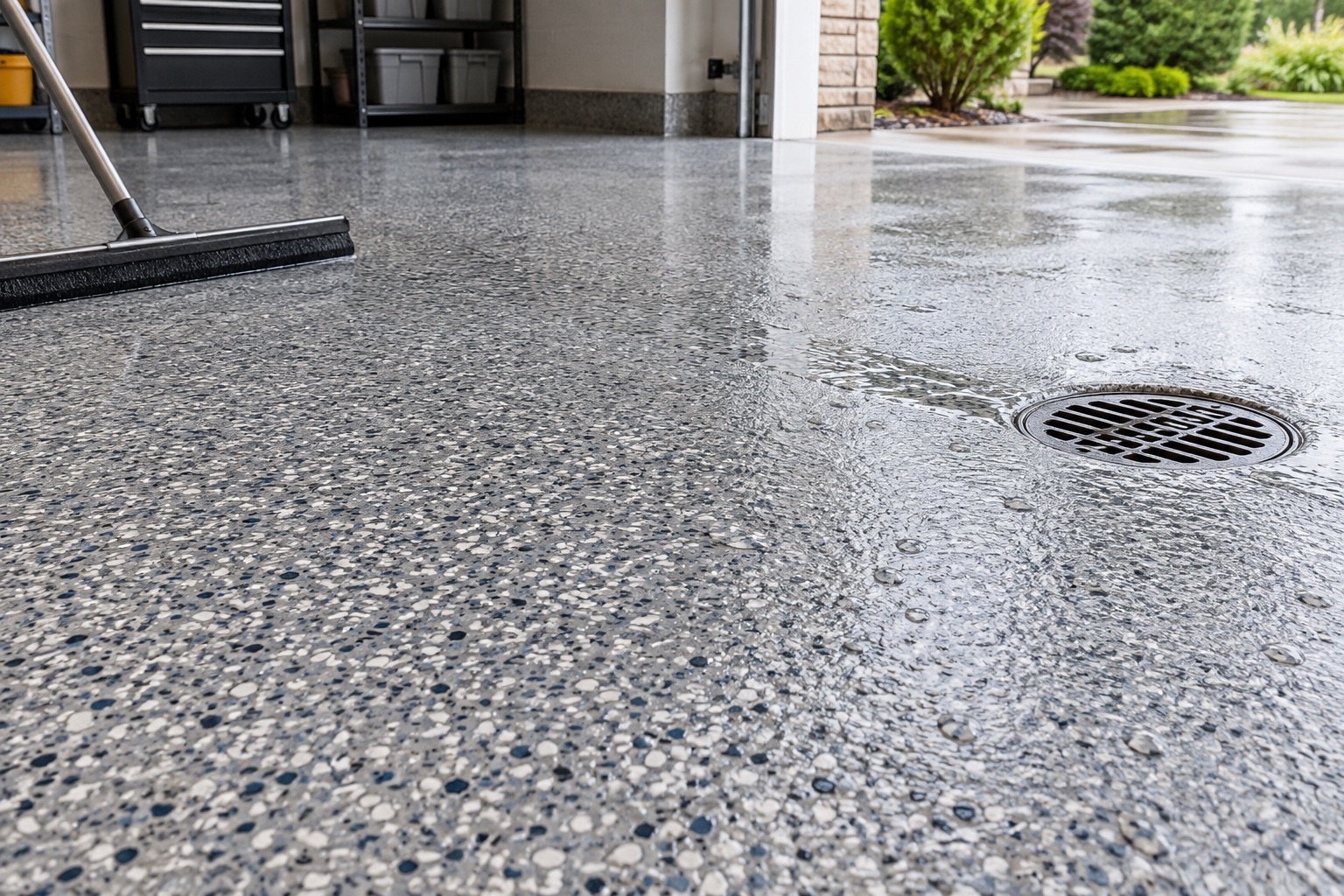 Textured full-flake garage floor beside a wet entry and drain
