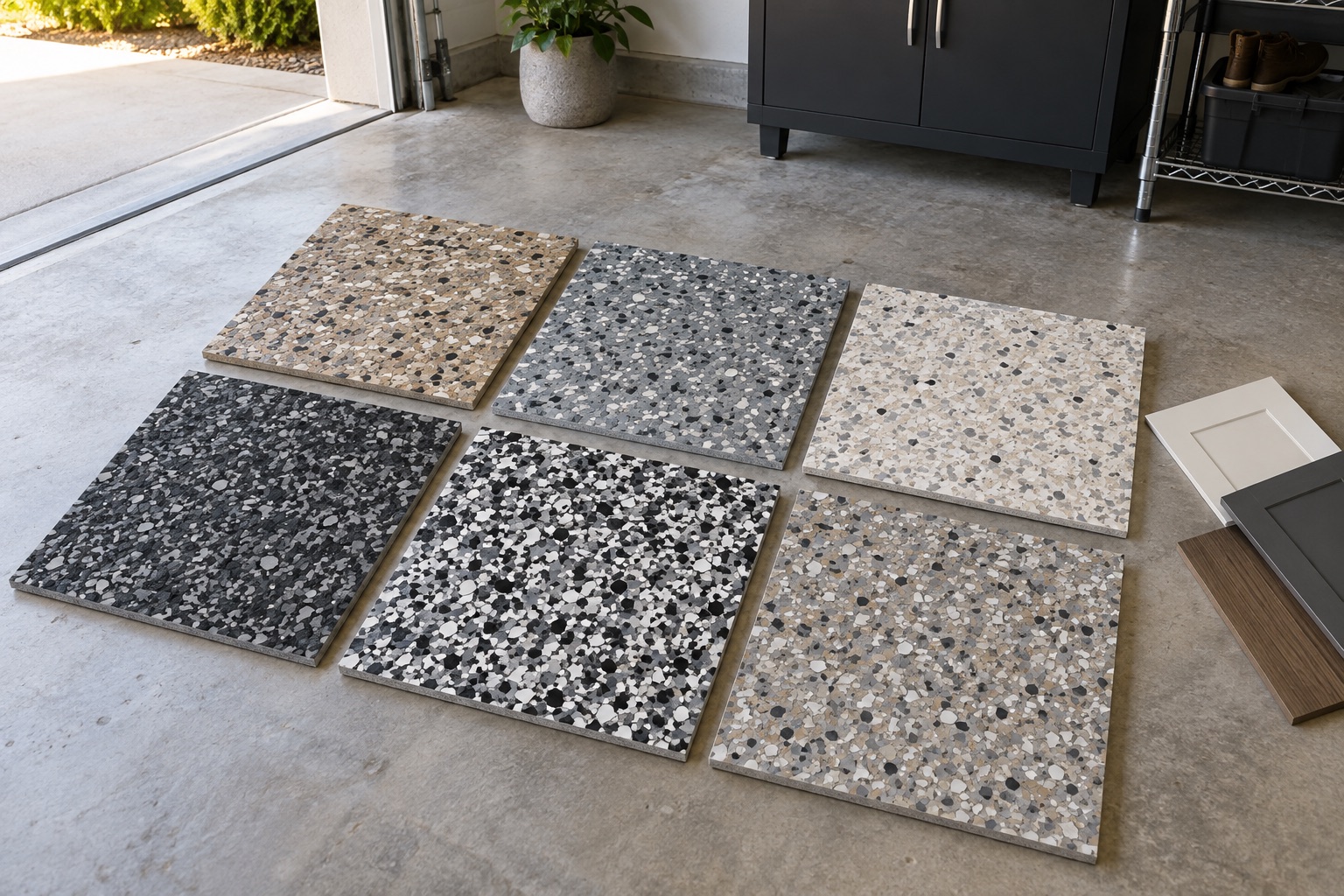 Six decorative flake sample boards compared under natural garage light