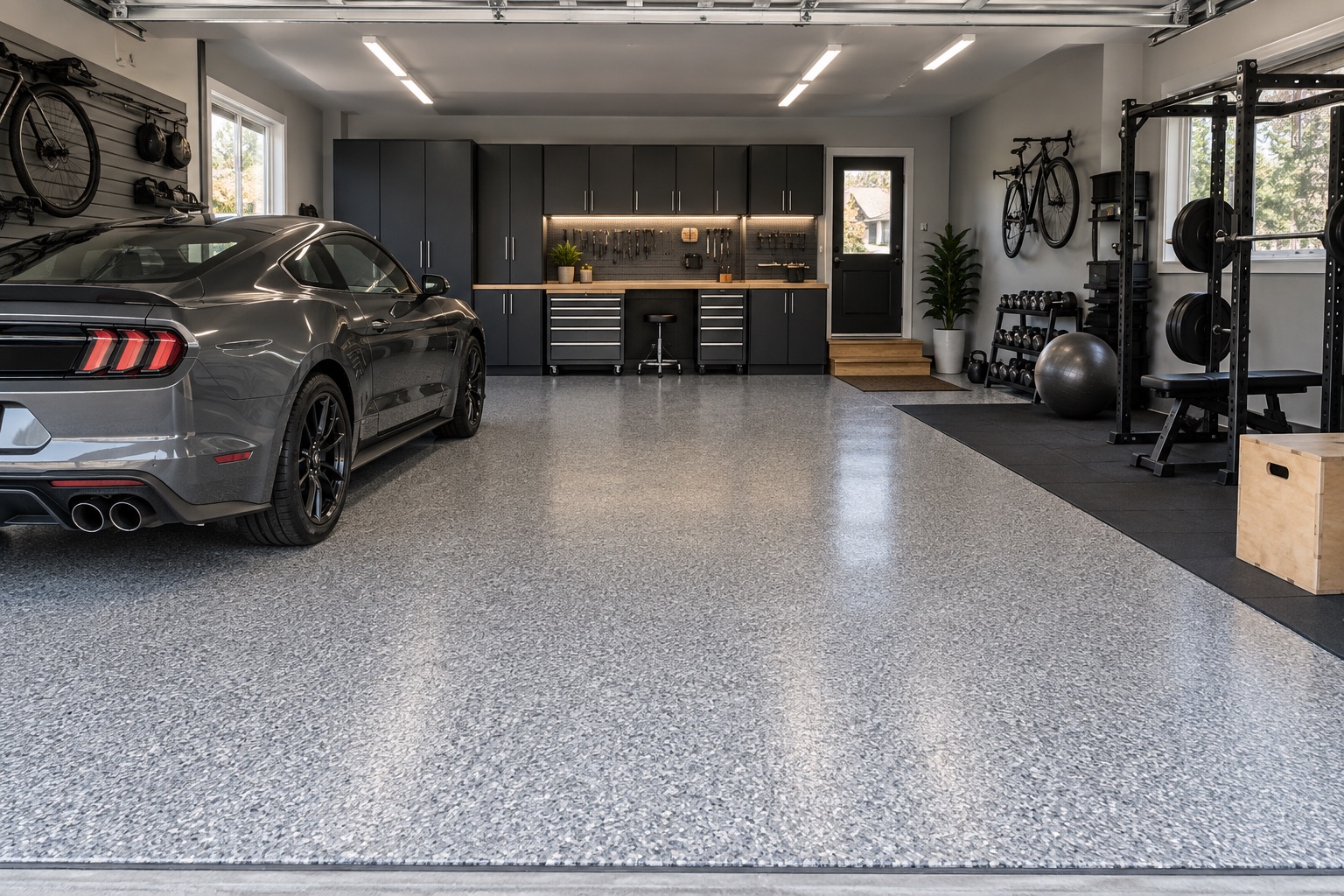 Finished multi-use garage with decorative floor vehicle storage workbench and gym zone