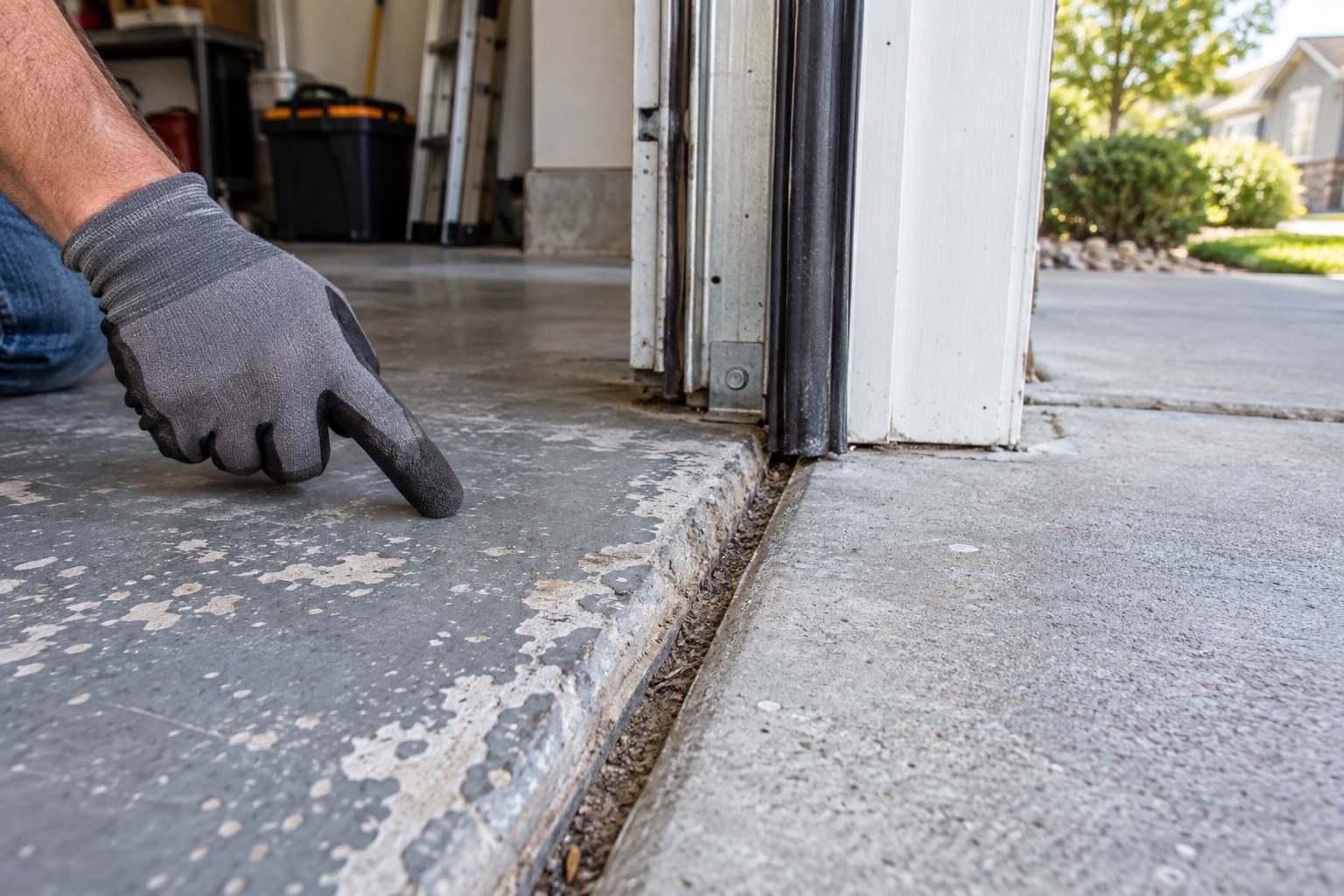 Detailed coated garage door threshold meeting the driveway cleanly