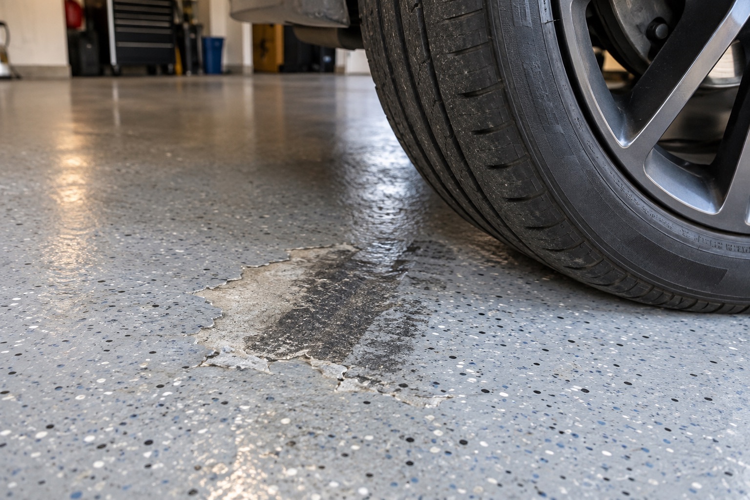 Close inspection of coating damage in the tire path of a garage floor