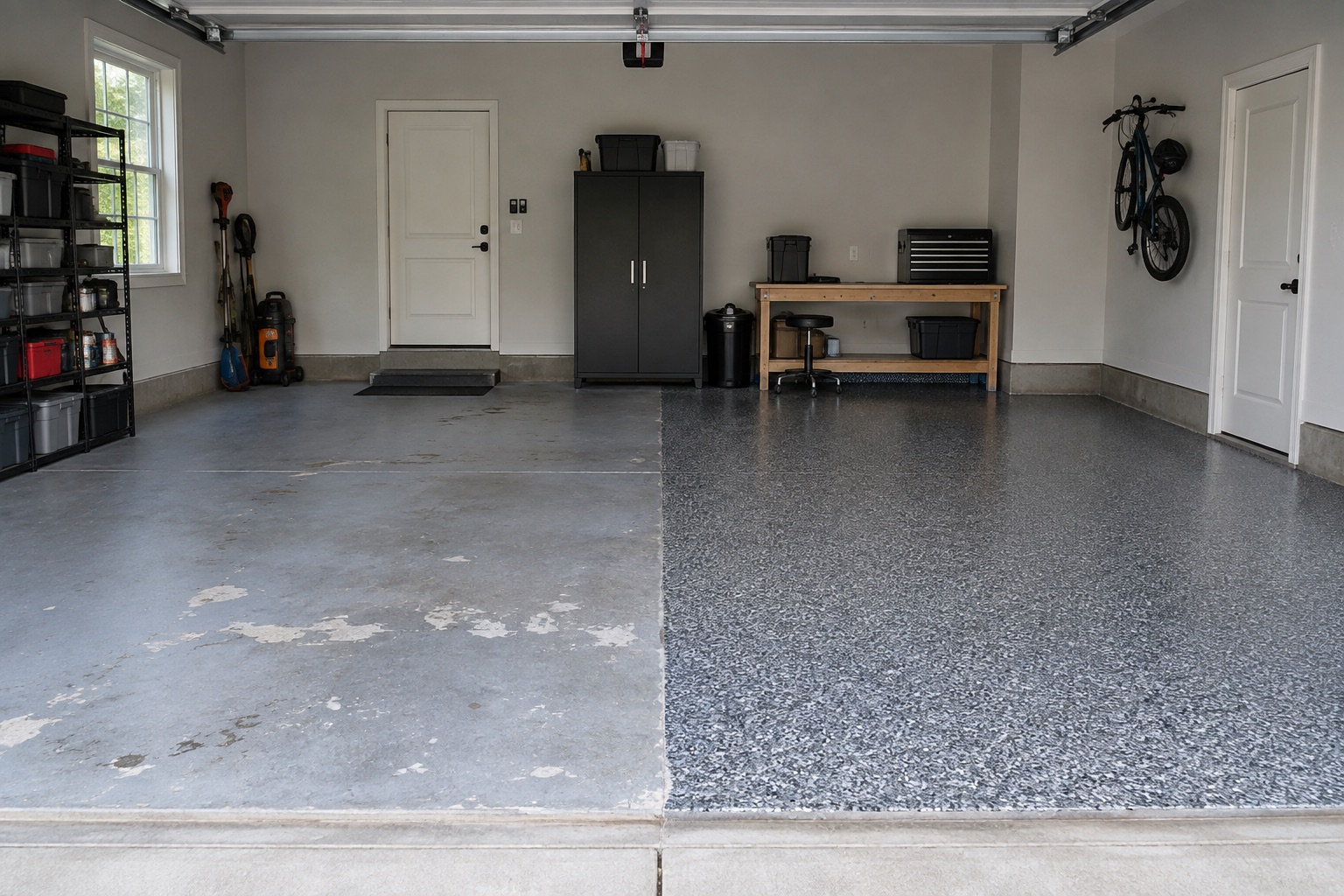 Split garage showing thin painted concrete beside a professionally prepared full-flake coating system