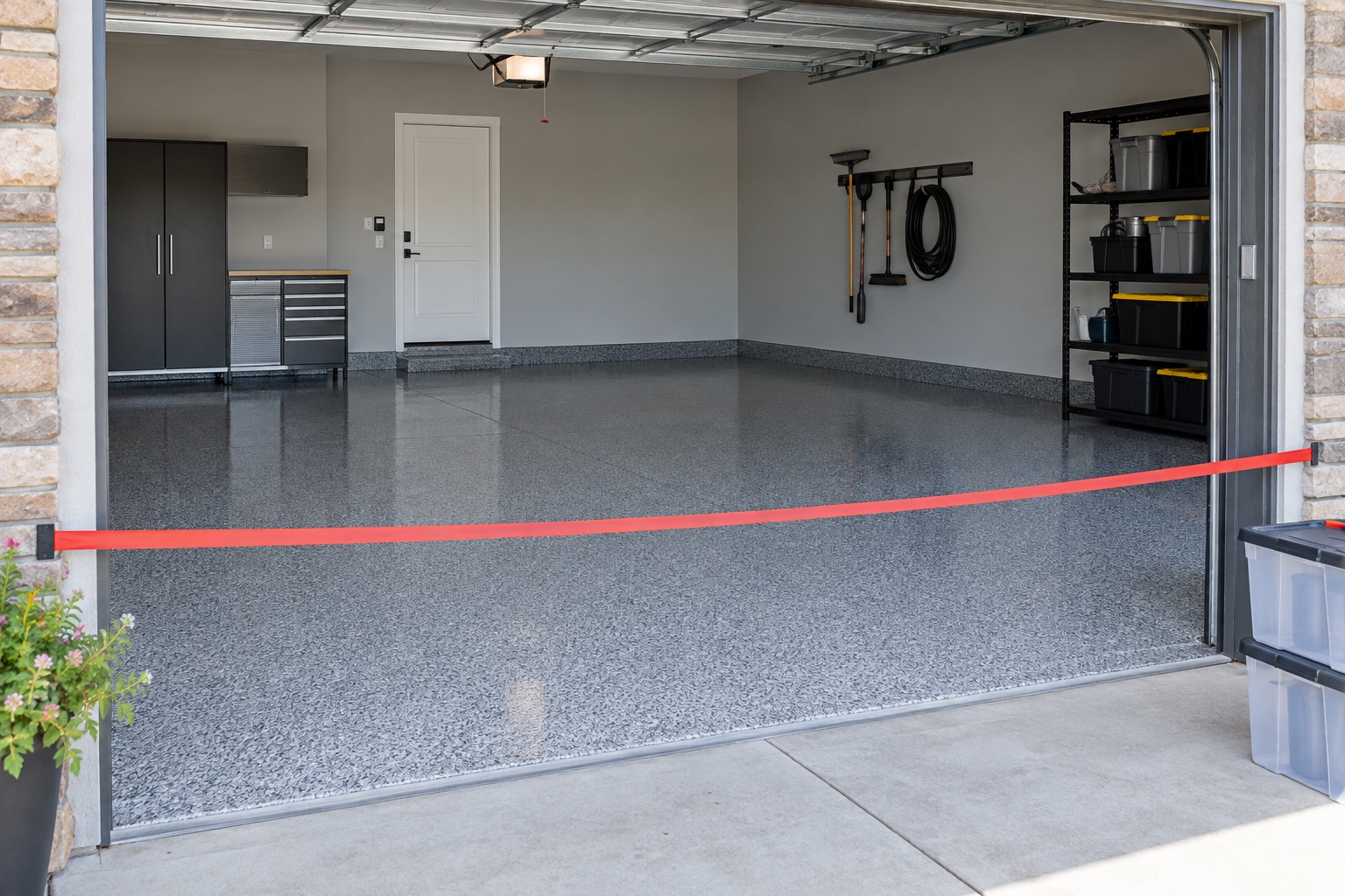 Finished decorative garage floor curing before vehicles and storage return