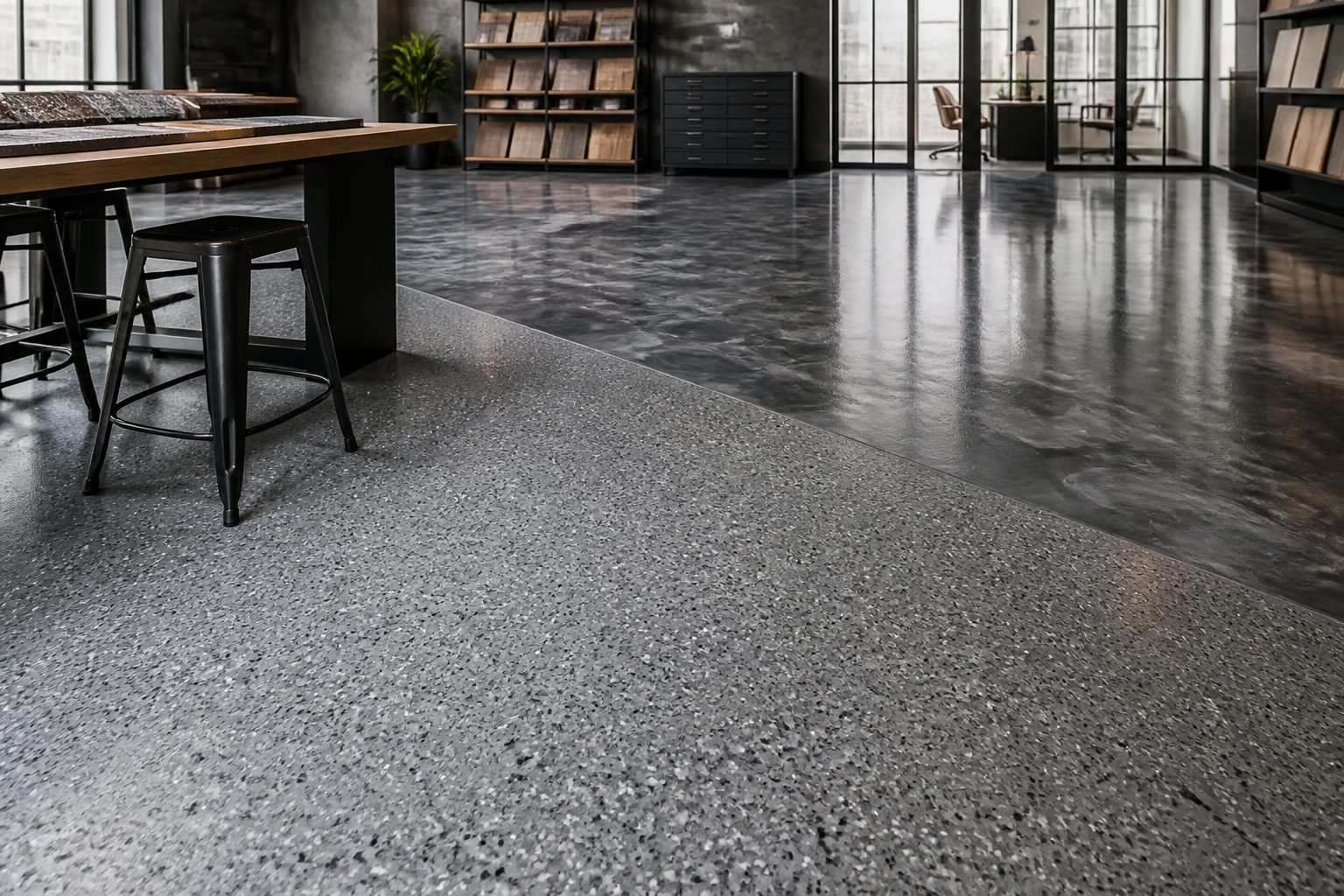 Textured full-flake and fluid metallic floor finishes in one design space