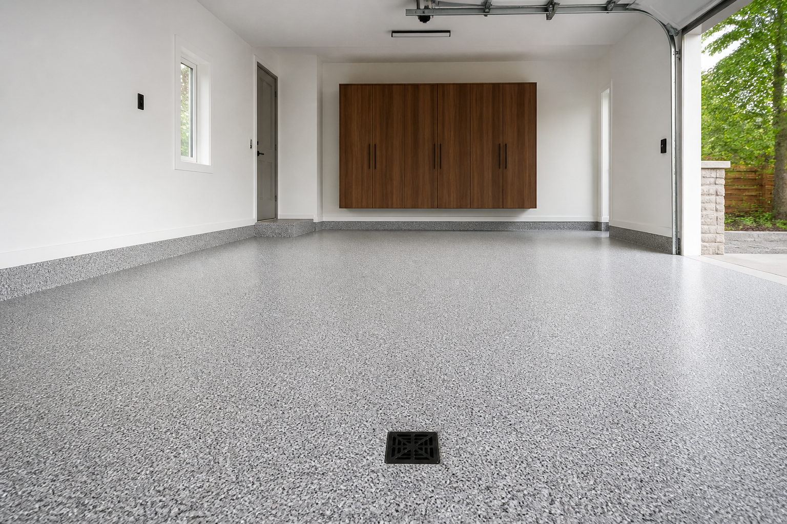 Detailed garage-floor transition near a drain and threshold