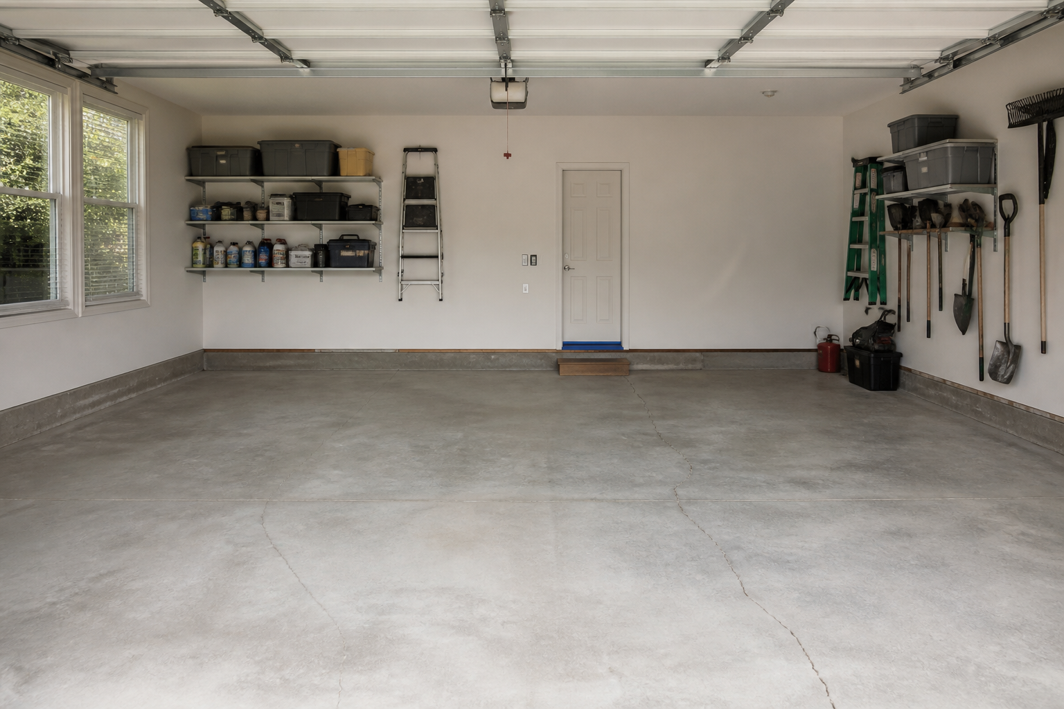 Organized empty garage ready for floor preparation