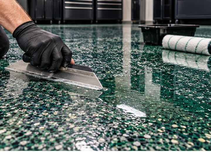 Finished surface — visual example for Are decorative flake garage floors slippery?