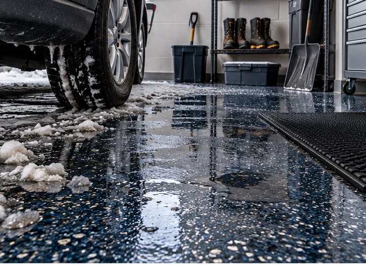 Water and contaminants — visual example for Are decorative flake garage floors slippery?