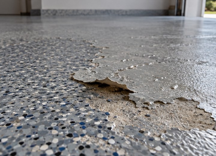 Old coating failure — visual example for Why concrete moisture changes the recommendation