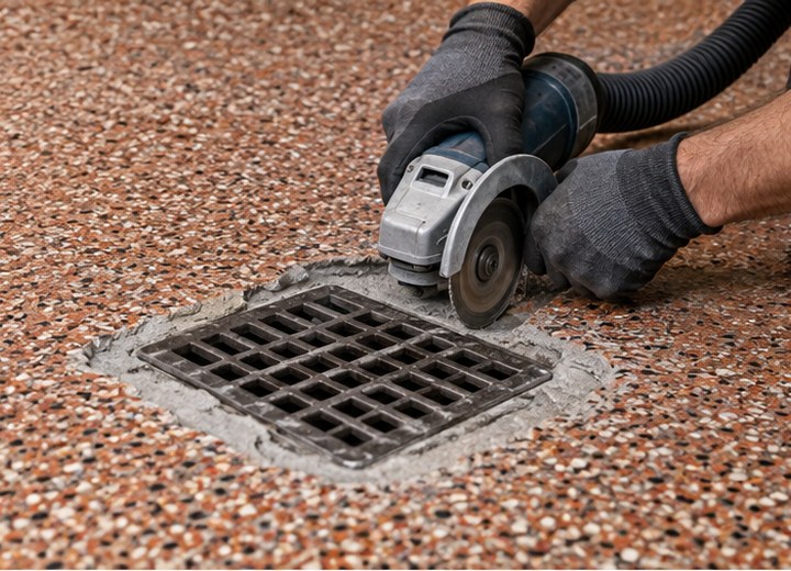 Detail the drain opening — visual example for Garage floor drains, slopes and coating details