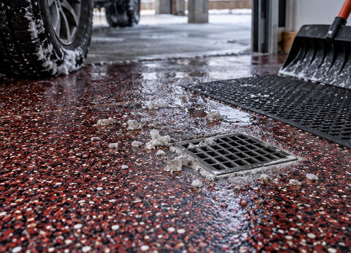 Plan winter maintenance — visual example for Garage floor drains, slopes and coating details