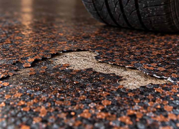 Weak lower layer — visual example for What is hot-tire pickup and how can a floor system prevent it?