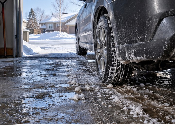 Vehicles bring in salt and slush — visual example for Salt, slush and freeze-thaw: what matters in an Ontario garage