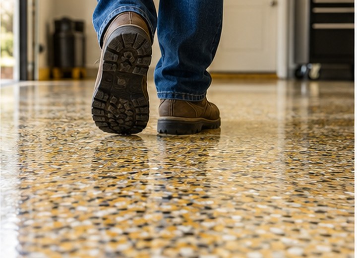 Foot traffic — visual example for When can you walk or park on a new epoxy floor?