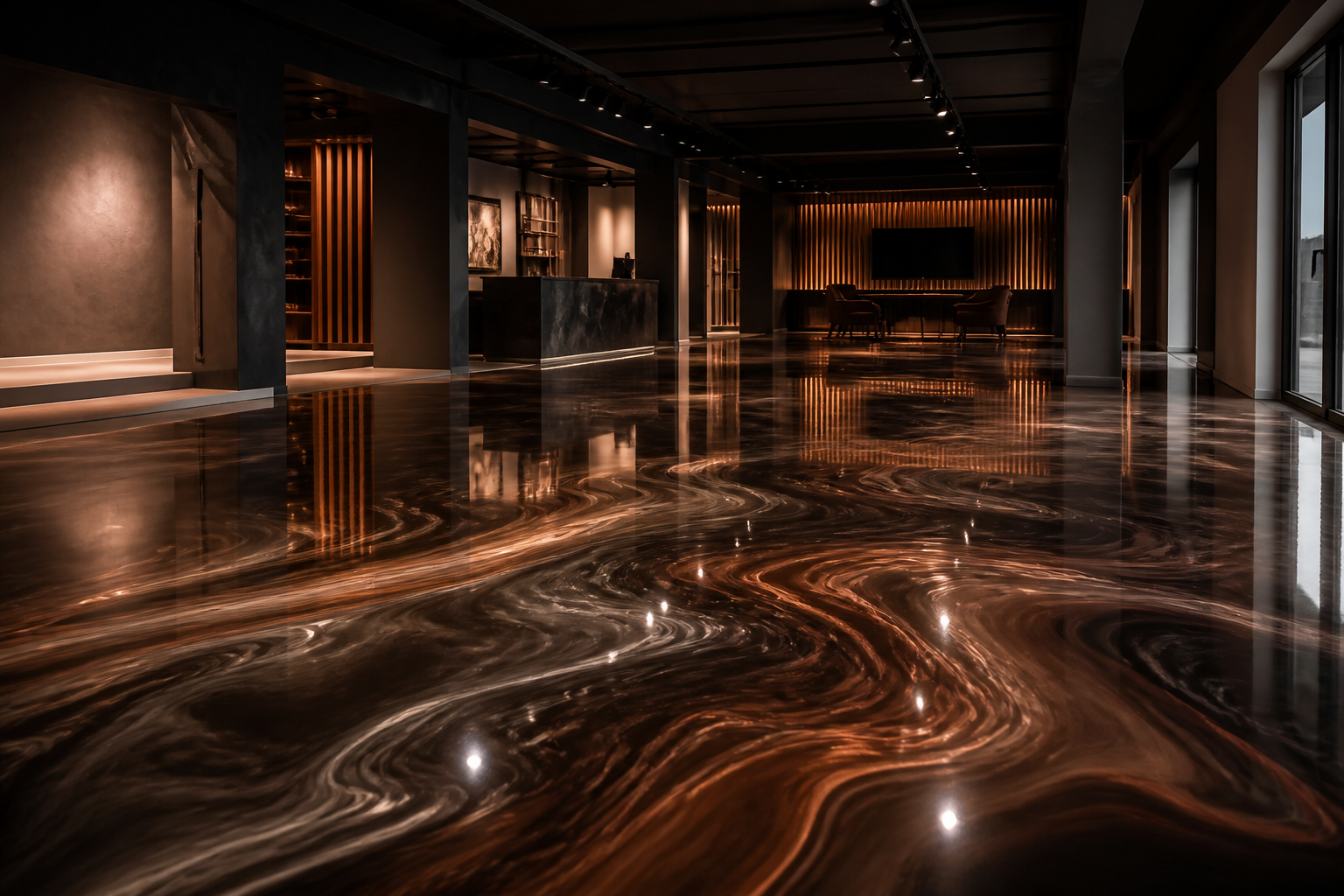 Deep metallic epoxy floor with copper and charcoal movement