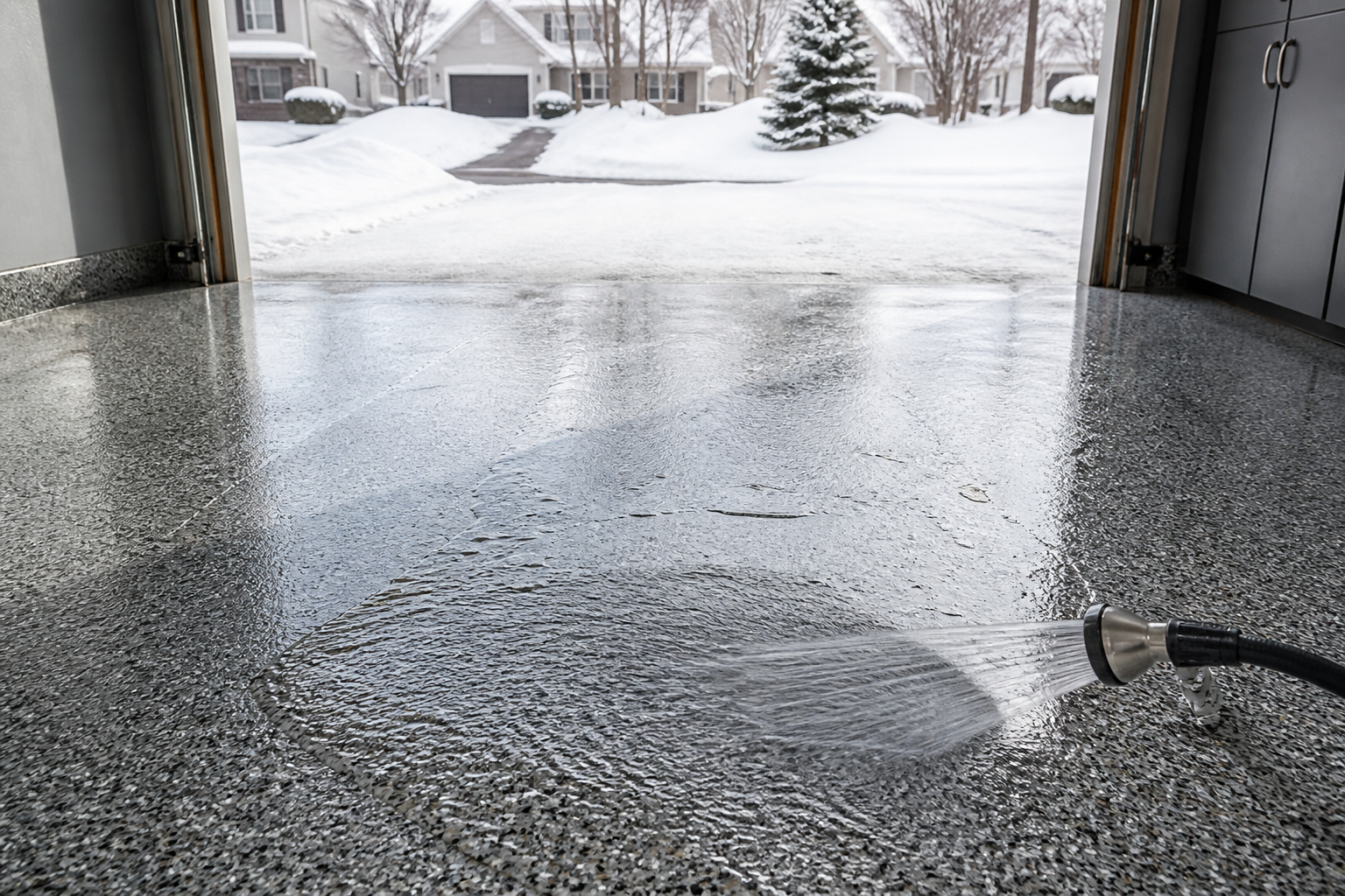 Decorative flake floor at a snowy garage threshold being rinsed clean